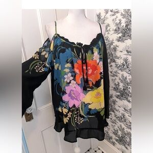 Johnny Was Black Floral Blouse NWT open shoulder Size Large Tags Attached